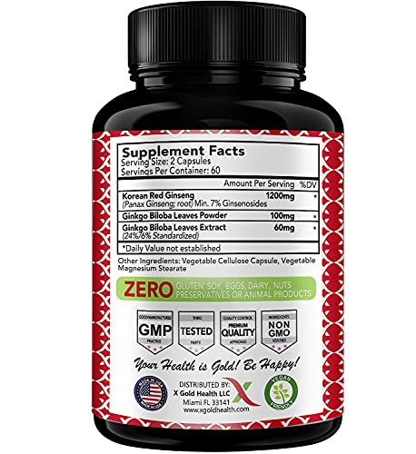 Authentic Korean Red Panax Ginseng 1200mg + Ginkgo Biloba - 120 Vegan Capsules - High Ginsenosides Extra Strength Root Extract Powder Supplement for Energy, Performance & Focus Pills for Men & Women