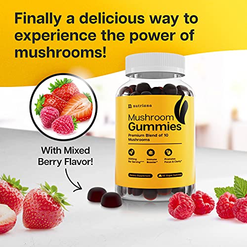 Vegan Mushroom Supplement Complex Gummies - 10 Mushrooms Lions Mane, Turkey Tail, Cordyceps, Reishi, Shitake and Chaga - Nootropics Brain Focus Supplement - Immune Support – 2500 mg 60 Gummies