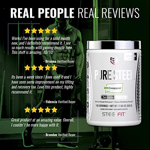 SteelFit Pure Steel Creapure® - Pure German Creatine Monohydrate - Elevate Performance - Enhance Strength - Unflavored - Gluten Free - Vegan - 100 Servings, 500 Grams