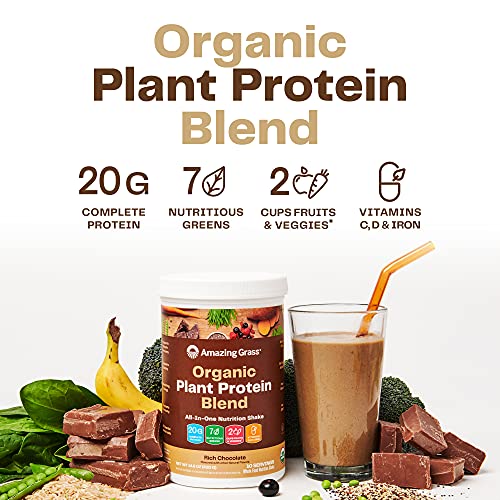 Amazing Grass Organic Plant Protein Blend: Vegan Protein Powder, All-In-One Nutrition Shake with Beet Root, Rich Chocolate, 10 Servings