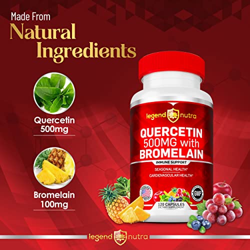 Quercetin 500mg with Bromelain, 120 Vegetable Capsules, Immune System Support Supplement, Seasonal Health, Cardiovascular Health by Legend Nutra