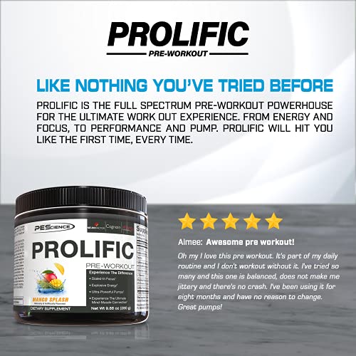 PEScience Prolific Pre Workout Powder, Mango Splash, 40 Scoops, Energy Supplement with Nitric Oxide