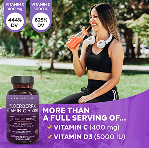Viva Naturals Elderberry, Vitamin C, Zinc, Vitamin D3 5000 IU & Ginger - Antioxidant & Immune Support Supplement, 2 Month Supply (120 Capsules) - 5 in 1 Daily Immune Support for Adults