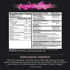 PMD Sports Ultra Pump Fuel Insanity - Pre Workout Drink Mix for Energy, Strength, Endurance, Muscle Pumps and Recovery - Complex Carbohydrates and Amino Energy - Electric Pink Lemonade (30 Servings)