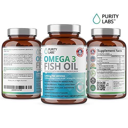 Triple Strength Omega 3 Fish Oil Supplement 3,000MG. Highest Quality and Potency Available - 180 Softgels - Rich in EPA 915mg + DHA 630mg - Burpless Non-GMO NSF-Certified, Heart & Brain Support