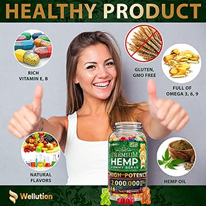 Wellution Hemp Gummies 2,000,000 XXL high Potency - Fruity Gummy Bear with Hemp Oil, Natural Hemp Candy Supplements for Soreness, Stress & Inflammation Relief, Promotes Sleep & Calm Mood