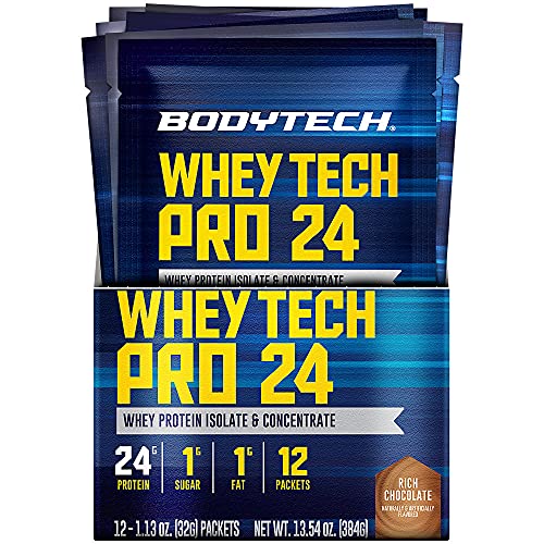 BodyTech Whey Tech Pro 24 Protein Powder Protein Enzyme Blend with BCAA's to Fuel Muscle Growth Recovery, Ideal for PostWorkout Muscle Building Rich Chocolate (12 Packets)