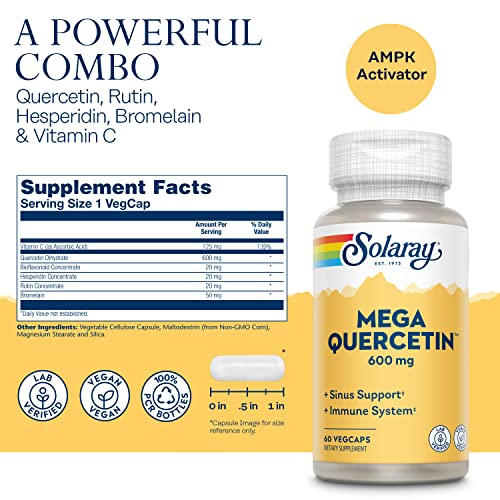 Solaray Mega Quercetin, Healthy Sinus & Immune Support & AMPK Activator, Rutin, Hesperidin & Bromelain, 60 VegCaps