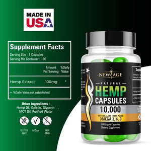 Hemp Capsules - 10,000 Hemp Extract - Pain, Stress Relief - Natural Sleep & Mood Support - Made in The USA - Maximum Value - Rich in Omega 3,6,& 9