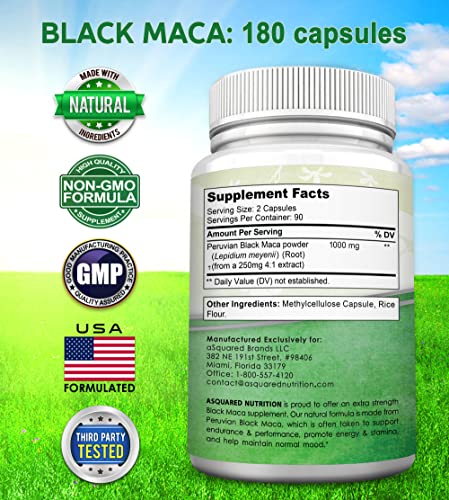 Black Maca Root - 180 Capsules - Max Strength 1000mg Per Serving - Gelatinized Maca Root Extract Supplement from Peru - Natural Pills to Support Health & Pure Energy - Non-GMO