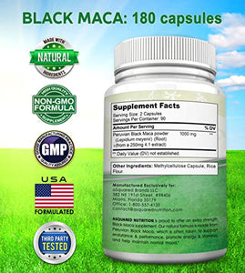 Black Maca Root - 180 Capsules - Max Strength 1000mg Per Serving - Gelatinized Maca Root Extract Supplement from Peru - Natural Pills to Support Health & Pure Energy - Non-GMO