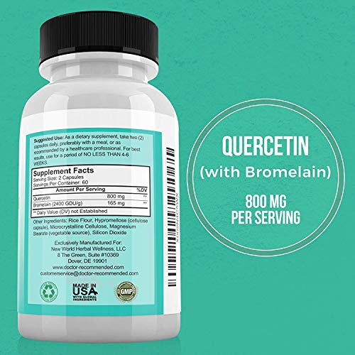 Quercetin 800mg w/Bromelain 165mg Per Serving- 120 Veggie Capsules-Full 60 Day Supply, Vitamin Supplement to Support Cardiovascular Health & Bioflavonoids, Gluten Free, Non-GMO (Pack of 2)
