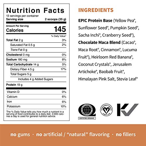 Sprout Living's Epic Protein, Plant Based Protein & Superfoods Powder, Chocolate Maca Powder | 19 Grams Organic Protein Powder, Vegan, Non Dairy, Non-GMO, Gluten Free, Low Sugar (1 Pound, 13 Servings)