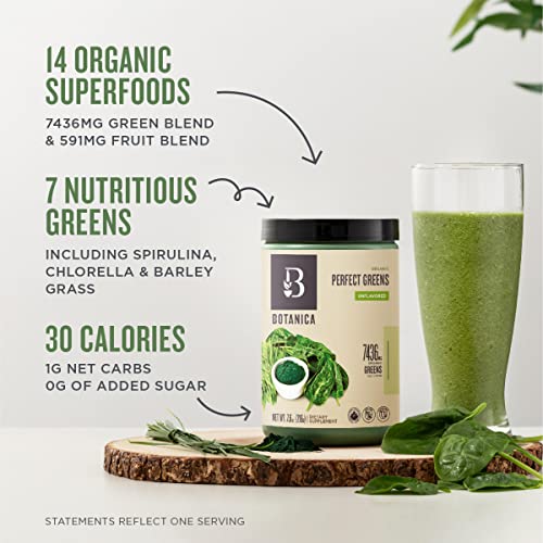 Botanica Organic Unflavored Greens Superfood Powder with Spirulina, Chlorella, Barley & Wheat Grass (27 Servings), No Dairy, Gluten, Soy, Stevia or Added Sugar, Premium Whole Food Ingredients