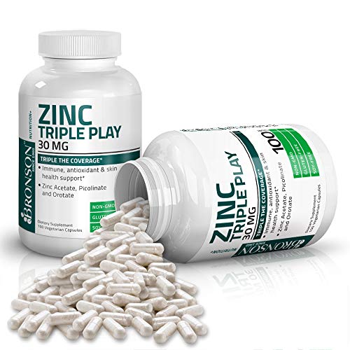 Bronson Zinc Triple Play 30 mg Triple Coverage Immune Support Zinc Supplement with Zinc Acetate, Picolinate & Orotate - Immune, Antioxidant & Skin Health Support - 100 Vegetarian Capsules