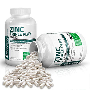 Bronson Zinc Triple Play 30 mg Triple Coverage Immune Support Zinc Supplement with Zinc Acetate, Picolinate & Orotate - Immune, Antioxidant & Skin Health Support - 100 Vegetarian Capsules