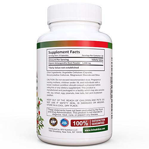 BRI Nutrition Organic Ashwagandha - Supports Healthy Mood, Energy Levels & Calm State of Mind - 1400mg Per Service (120 Count)