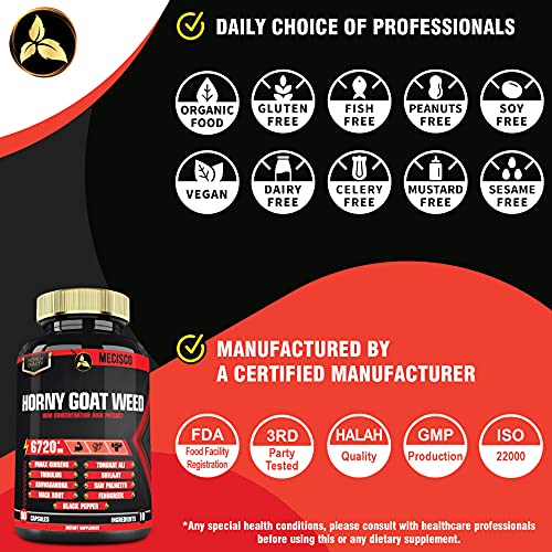 10in1 Horny Goat Weed Capsules 6720 Mg, with Panax Ginseng Root, Tribulus Terrestris, Ashwagandha Root, Maca Root & Others - Performance, Energy Booster, Memory Support - 90 Caps 3-Month Supply