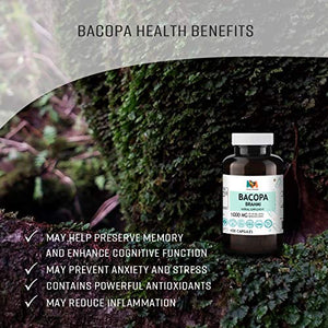 Bacopa Capsules - Organic Brahmi Herbal Supplement for Natural Stress Relief, Antioxidant Support, Memory & Brain Health, Cognitive Function - Non-GMO Formula - 1000mg, 100 Veggie Caps