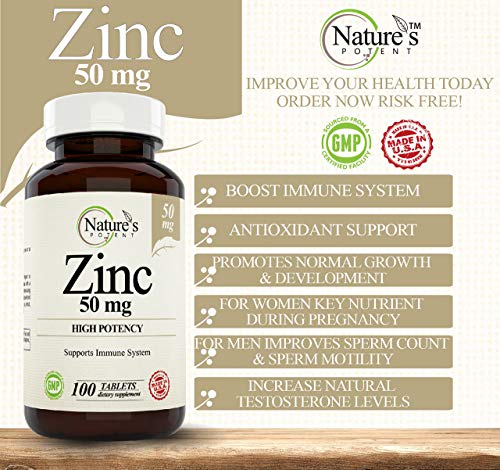 Zinc 50mg [High Potency] Supplement - Immune Support System from Natural Zinc (Oxide/Citrate) 100 Tablets, Made by Nature’s Potent.