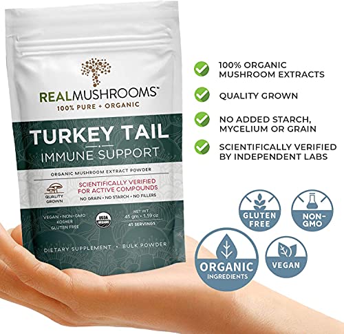 Real Mushrooms Turkey Tail Mushroom Supplements for Immune Support, Wellness, Vitality (45 Day Supply) Organic, Vegan, Non-GMO Turkey Tail Mushroom Powder