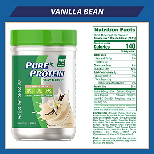 Pure Protein Vegan Plant Based Hemp and Pea Protein Powder, Gluten Free, Vanilla Bean, With Vitamin D and Zinc to Support Immune Health, 1.51 lbs