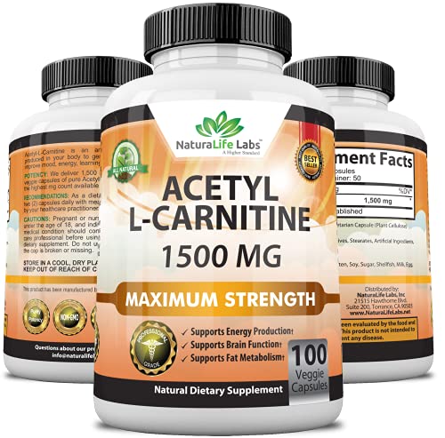 Acetyl L-Carnitine 1,500 mg High Potency Supports Natural Energy Production, Supports Memory/Focus - 100 Veggie Capsules