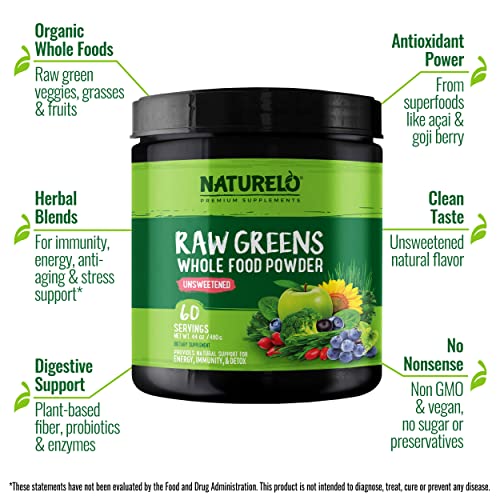 NATURELO Raw Greens Superfood Powder - Unsweetened - Boost Energy, Detox, Enhance Health - Organic Spirulina - Wheat Grass - Whole Food Nutrition from Fruits & Vegetables - 60 Servings