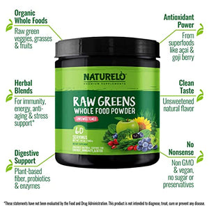 NATURELO Raw Greens Superfood Powder - Unsweetened - Boost Energy, Detox, Enhance Health - Organic Spirulina - Wheat Grass - Whole Food Nutrition from Fruits & Vegetables - 60 Servings