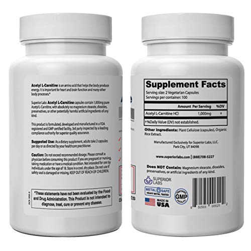Superior Labs | Acetyl L-Carnitine 1000mg | 200 caps | Maximum Absorption | Pure Vegetable Capsules | Zero Synthetic Additives | Superior Absorption