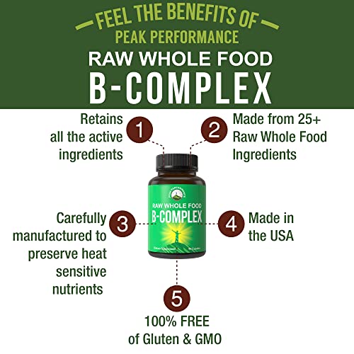 Raw Whole Food Vegan B Complex Supplement. Best B-Complex with Vitamin B1, B2, B3, B5, B6, B7, B9 and B12. Vitamins 90 Capsules. Energy + Stress