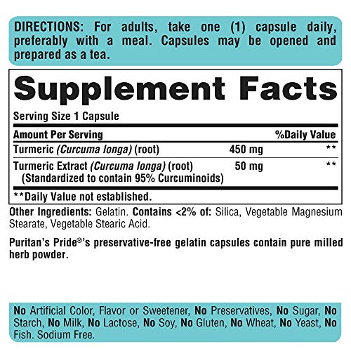 Puritan's Pride Turmeric Curcumin 500 Mg Contains Antioxidants, 360 Total Count (2 Packs of 180 Count Capsules), 360 Count