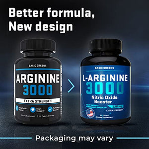 BASIC GREENS L Arginine | Premium L-Arginine Supplement for Men and Women with Nitric Oxide Booster, L-Arginine Workout - High Energy & Stamina, Boost Muscle Size, Faster Muscle Recovery