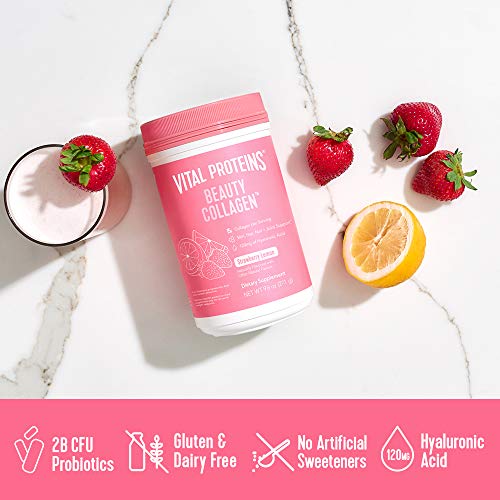 Vital Proteins Beauty Collagen Peptides Powder Supplement for Women, 120mg of Hyaluronic Acid - 15g of Collagen Per Serving - Enhance Skin Elasticity and Hydration - Strawberry Lemon - 9.6oz Canister