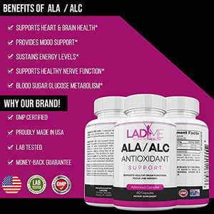 ALA / ALC Extra Strength Supplement - Alpha Lipoic Acid with Acetyl L-Carnitine 850 mg ALCAR Amino Acid Source for Brain Function, Memory, Focus, Antioxidant Support for Women by Ladyme 60 Capsules