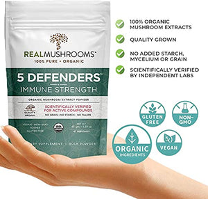 Real Mushrooms 5 Defenders Mushroom Extract Powder for Immune Support (45 Day Supply) Better Overall Wellbeing with Organic and Vegan Chaga, Shiitake, Maitake, Turkey Tail, Reishi Mushroom