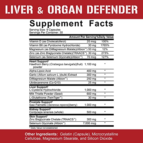 Rich Piana 5% Nutrition Liver & Organ Defender, Cycle Support for Bodybuilding | Heart, Prostate, Kidney, Skin | L-Cysteine HCL, Milk Thistle, L-Glutathione, ALA, CoQ10, Zinc, 270 Pills (30d Supply)