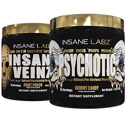 Insane Labz Psychotic Gold and Insane Veinz Gold Pre Workout Nitric Oxide Booster Stack, Increase Muscle Mass, Vascularity, Strength, Energy, Focus, Gummy Candy and Fruit Punch.