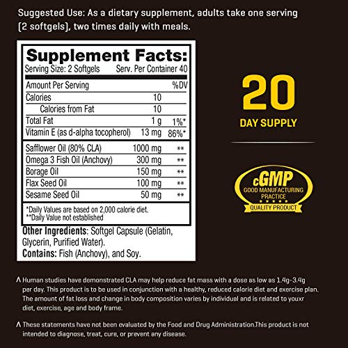 Ab Cuts CLA Belly Fat Formula - 80 Easy-to-Swallow Softgels - Omega 3 Fish Oil, Flaxseed Oil and Vitamin E - Helps Increase Antioxidant Supply and Healthy Body Composition