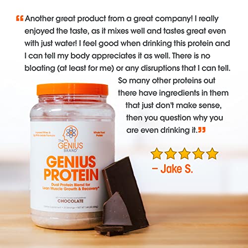 Genius Protein Powder - Natural Whole Food Egg White & Whey Protein Isolate Lean Muscle Building Blend for Women & Men Grass Fed Post Workout Meal Replacement Shake for Recovery, Chocolate