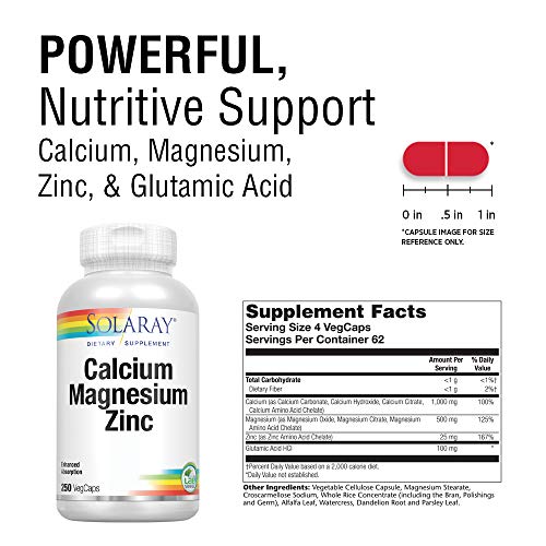 Solaray Calcium, Magnesium, Zinc | High Absorption with Glutamic Acid | Healthy Bones, Teeth, Nerve, Muscle, Heart & Immune Function Support | 250ct
