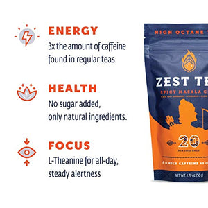 Zest 150mg High Caffeine Energy Leaf Blend - Spicy Masala Chai Black Tea - 20 Pack Bag - All Natural Strong Flavored Healthy Coffee Alternative Highly Caffeinated Substitute - Perfect for Keto Diet