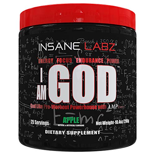 Insane Labz I am God Pre Workout, High Stim Pre Workout Powder Loaded with Creatine and DMAE Bitartrate Fueled by AMPiberry, Energy Focus Endurance Muscle Growth,25 Srvgs, Apple