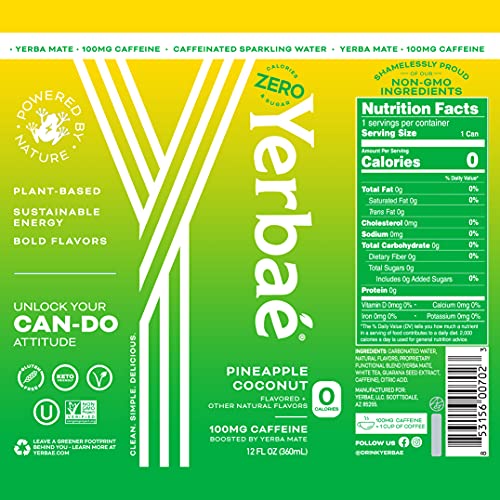 Yerbae Sparkling Water – Pineapple Coconut Fruit Flavored Seltzer with Caffeine, Antioxidants, Yerba Mate Natural Energy Drink – 12 Pack of 12oz Cans – Zero Sugar, No Calories, Non-GMO