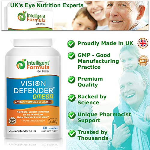 VISION DEFENDER OMEGA Eye Supplement: Care and Relief for Dry Eyes, Improve Eye Health- High Strength 1000mg Pure Omega-3 Fish Oil (400mg EPA, 200mg DHA per capsule)+Vitamin E (60 Softgels) Made in UK