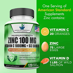 Zinc 100mg, Vitamin C 1000mg, Vitamin D 5000IU per Serving, Immune Support for Adults Kids, Immune System Booster Supplements, Non GMO, No Filler, No Stearate, 120 Vegan Capsules, 60 Day Supply