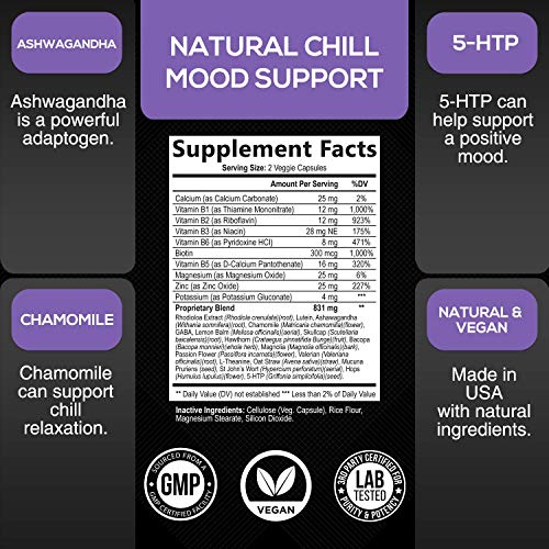 Stress Support Supplement 1000mg, Natural Herbal Formula for Calm, Positive Mood, Relaxation - Made in USA - with Ashwagandha, Niacin, L-Theanine, Rhodiola Rosea, 5-HTP - 120 Capsules