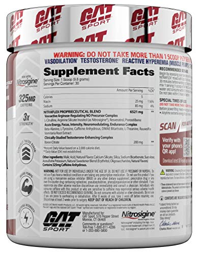 GAT Sport, NITRAFLEX Pre Workout Powder, Increases Blood Flow, Boosts Strength and Energy, Improves Exercise Performance, Creatine-Free (BlackBerry Lemonade, 30 Servings)