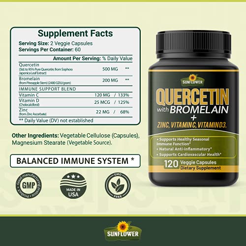 Quercetin with Vitamin C and Zinc - Quercetin with Bromelain - Quercetin 500mg - Zinc Quercetin - 120 Veggie Caps - Quercetin Supplements + Vitamin D3 - (Non-GMO, Gluten-Free, Vegan) 2 Month Supply