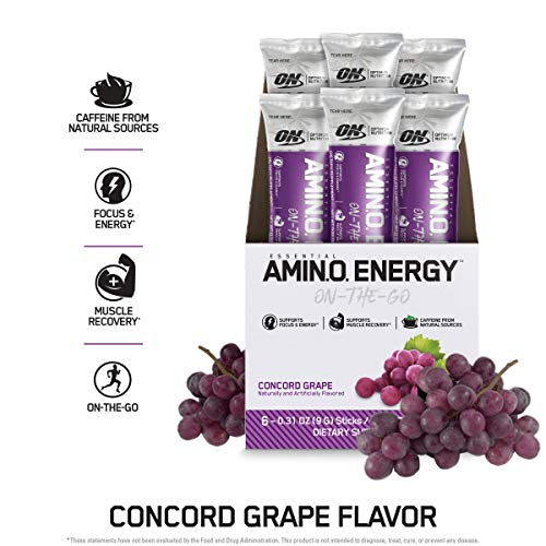 Optimum Nutrition Amino Energy - Pre Workout with Green Tea, BCAA, Amino Acids, Keto Friendly, Green Coffee Extract, Energy Powder - Concord Grape, 6 Count